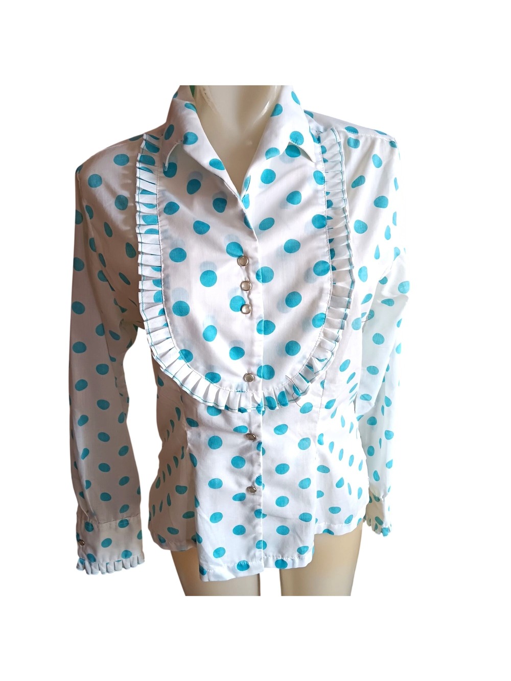 Medium Vintage Cowgirl Top Blouse 60's Polka Dot Western Shirt Ruffle Rockmount